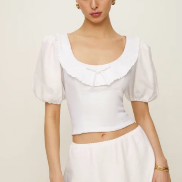Reformation Greta Linen Top - White Puff Sleeve Bow - Picture 2 of 9